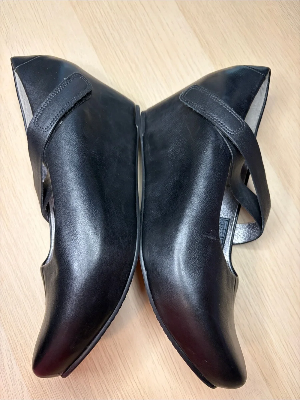 Tsubo Black Leather Mary Jane Wedges with Cross Strap